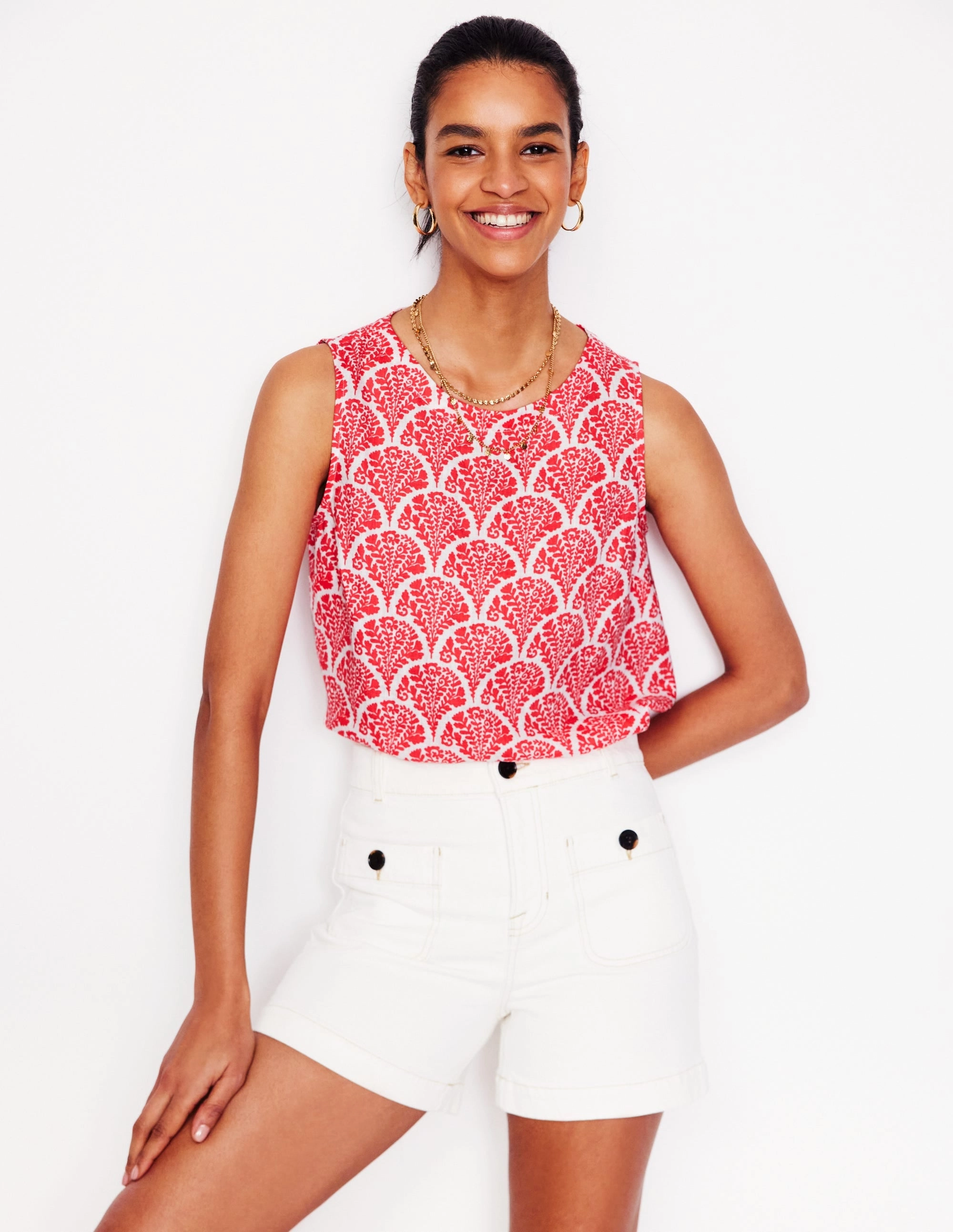 Linen Shell Top-Jam Red, Blossomy Casual Long Sleeve Flexible Ribbing