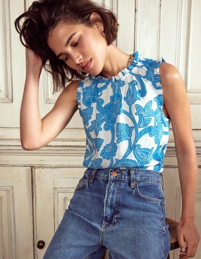 Casual Pullover Sophie Ruffle Linen Top-Cerulean Blue, Paisley Whirl