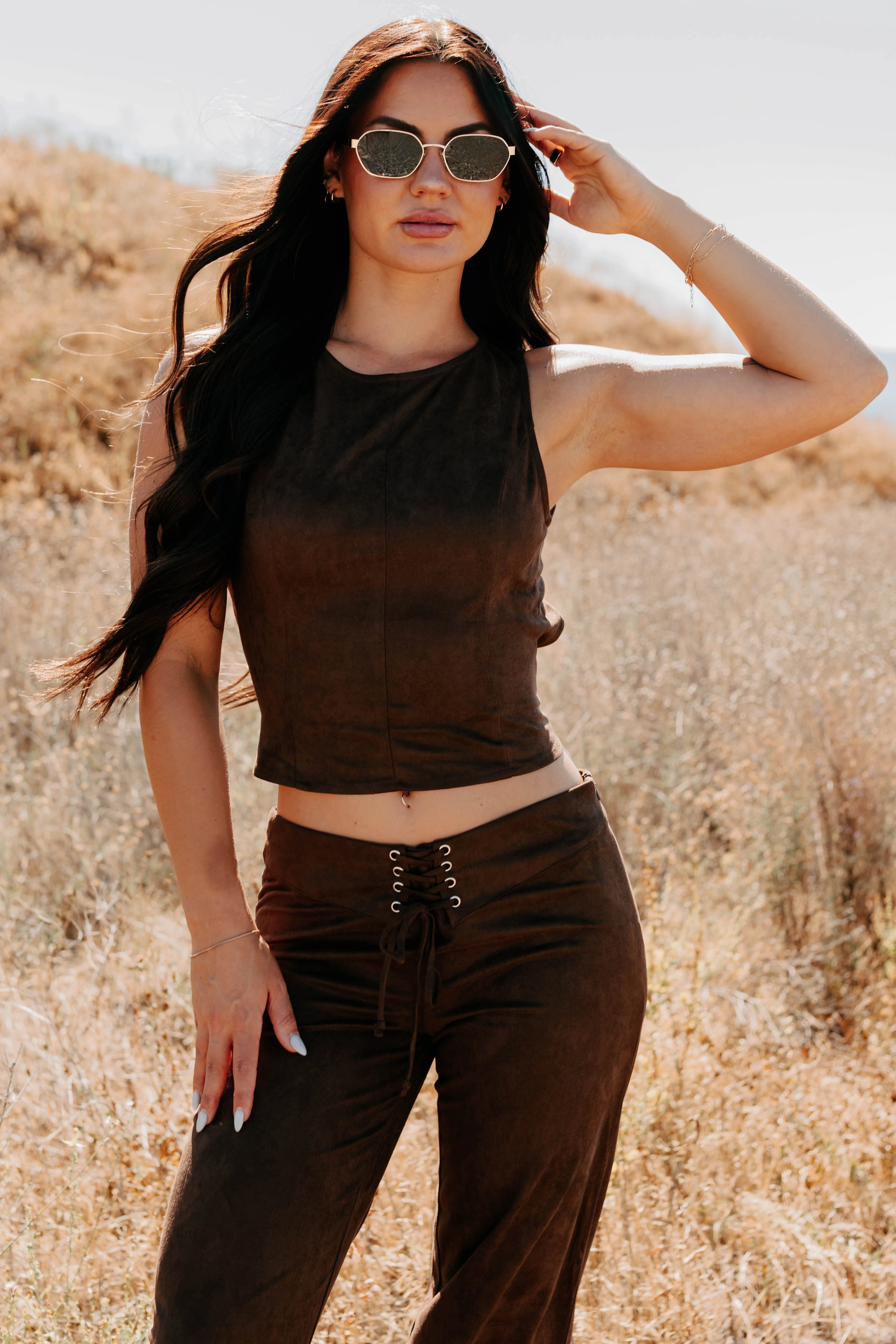 Moisture Management Fabric Add To Lore Open Back Lace-Up Suede Top (Brown)