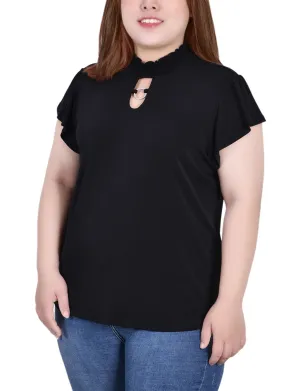 Long Sleeve Polo Wrinkle Free Texture Plus Size Short Flutter Sleeve Mock Neck Top