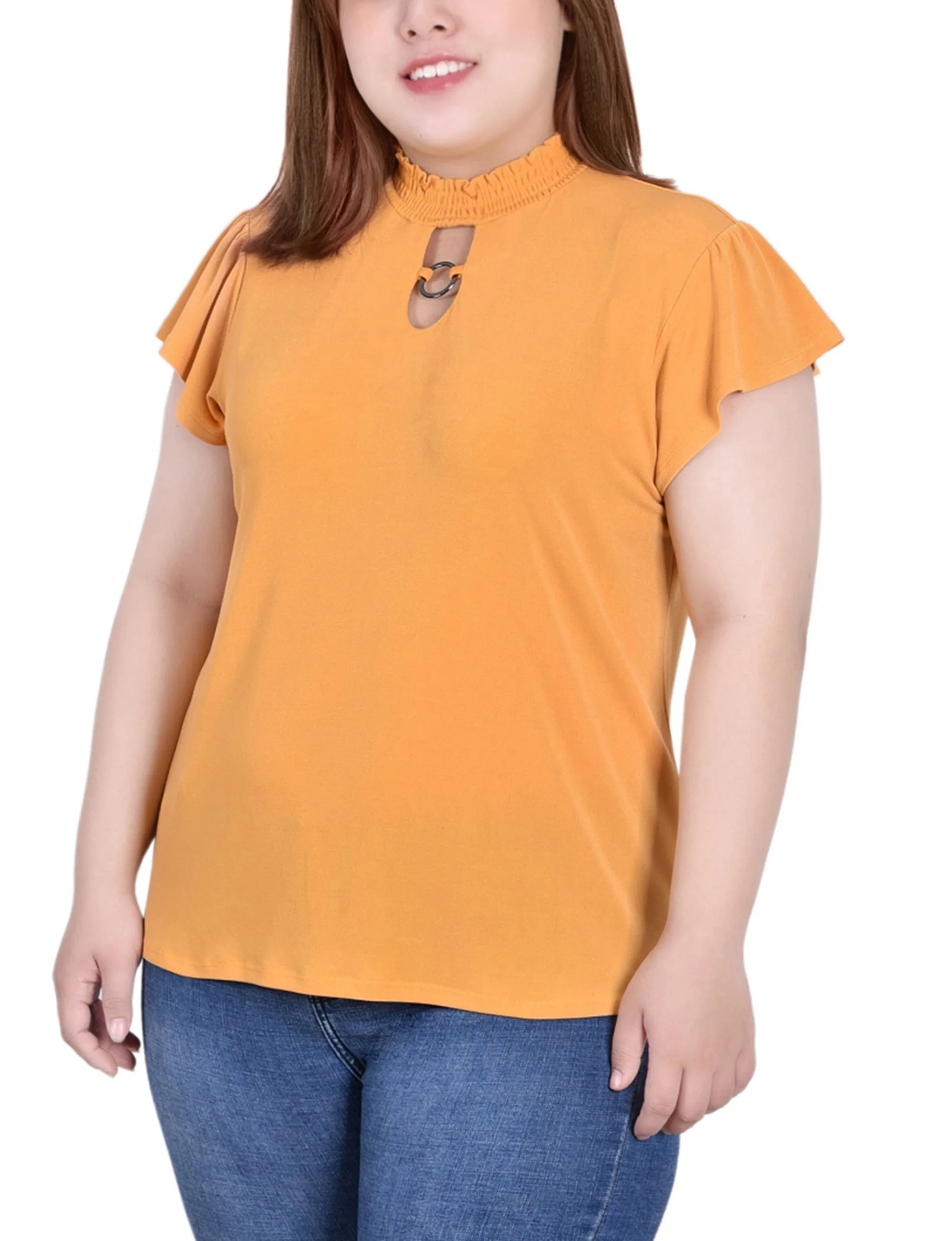 Plus Size Short Flutter Sleeve Mock Neck Top QuickRelease Closure Minimalist Aesthetic
