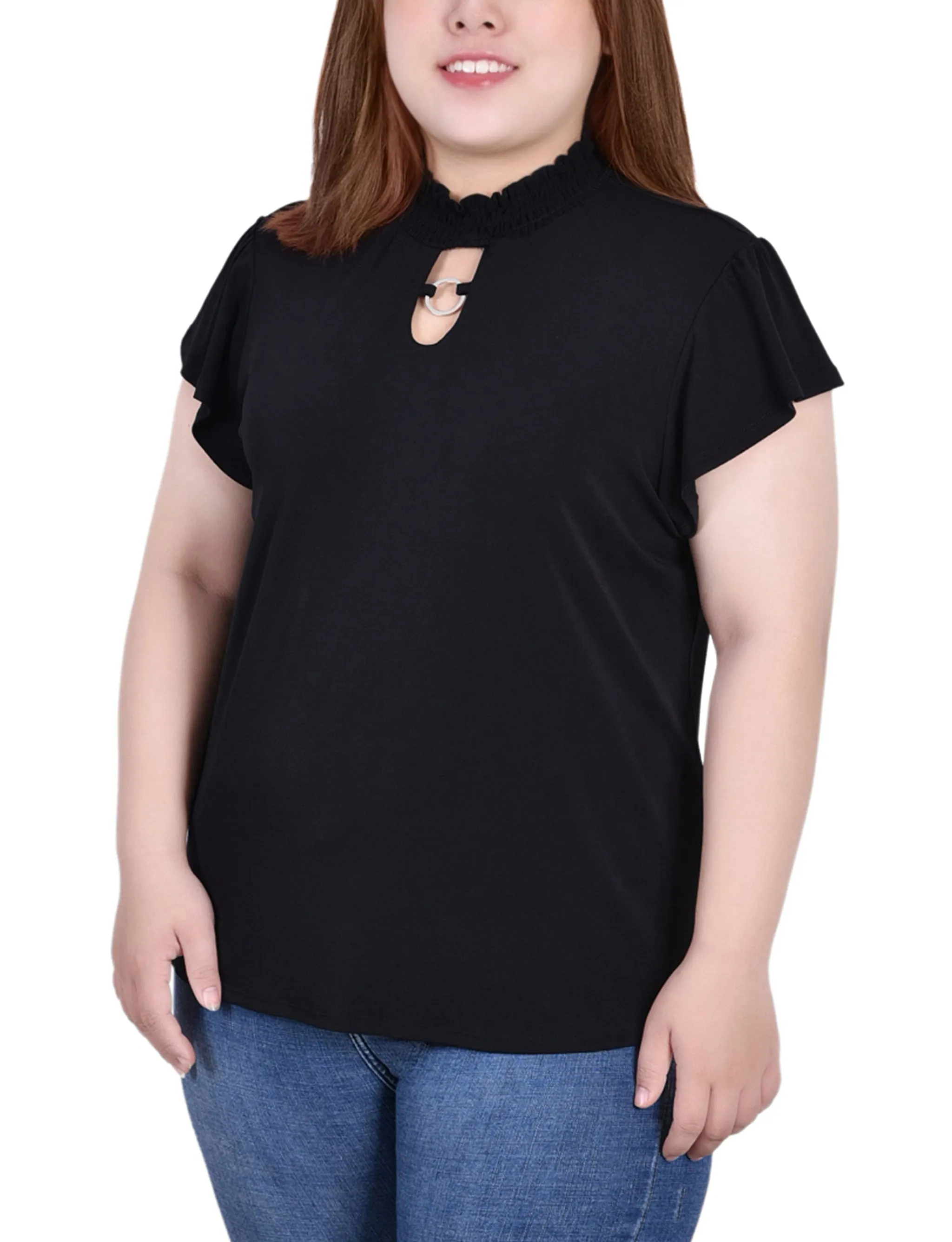 BambooBlend Bluesign Approved Material Plus Size Short Flutter Sleeve Mock Neck Top