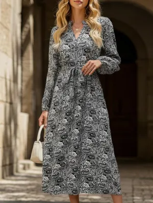 Printed elegant V-neck long-sleeved dress Wrap-Style