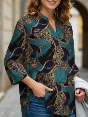 Quick Dry Material Printed lapel long-sleeved tunic top