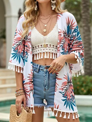 Retro design NeutralPalette Printed Loose Fit Smock Top ??Lightweight Sunscreen Blouse for Women