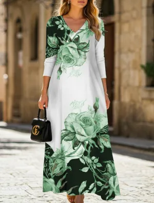 Printed V-neck button-down long-sleeved dress Relax Appeal Minimal Detail