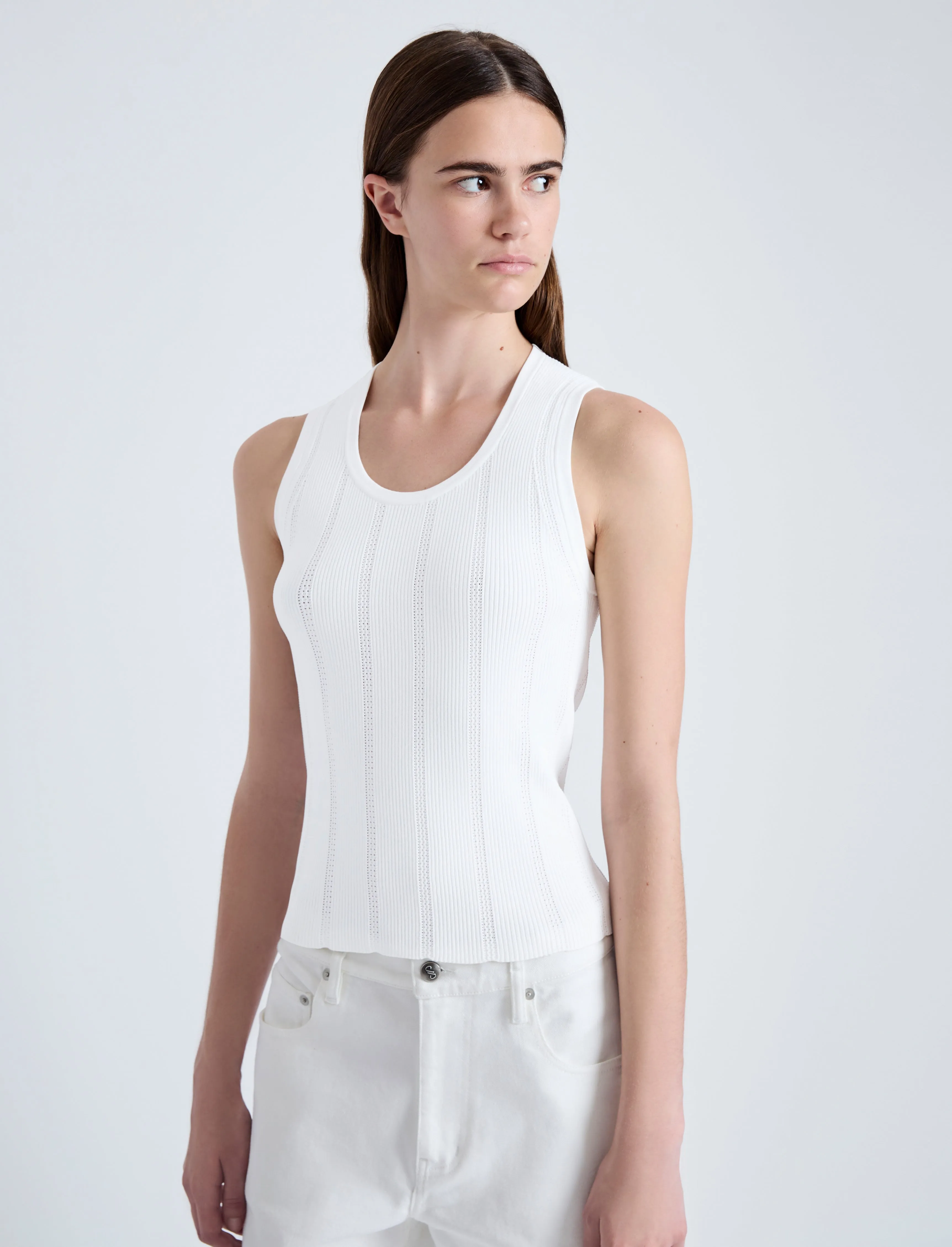 Proenza Schouler White Label Perry Knit Top in Compact Pointelle Rib - Off White