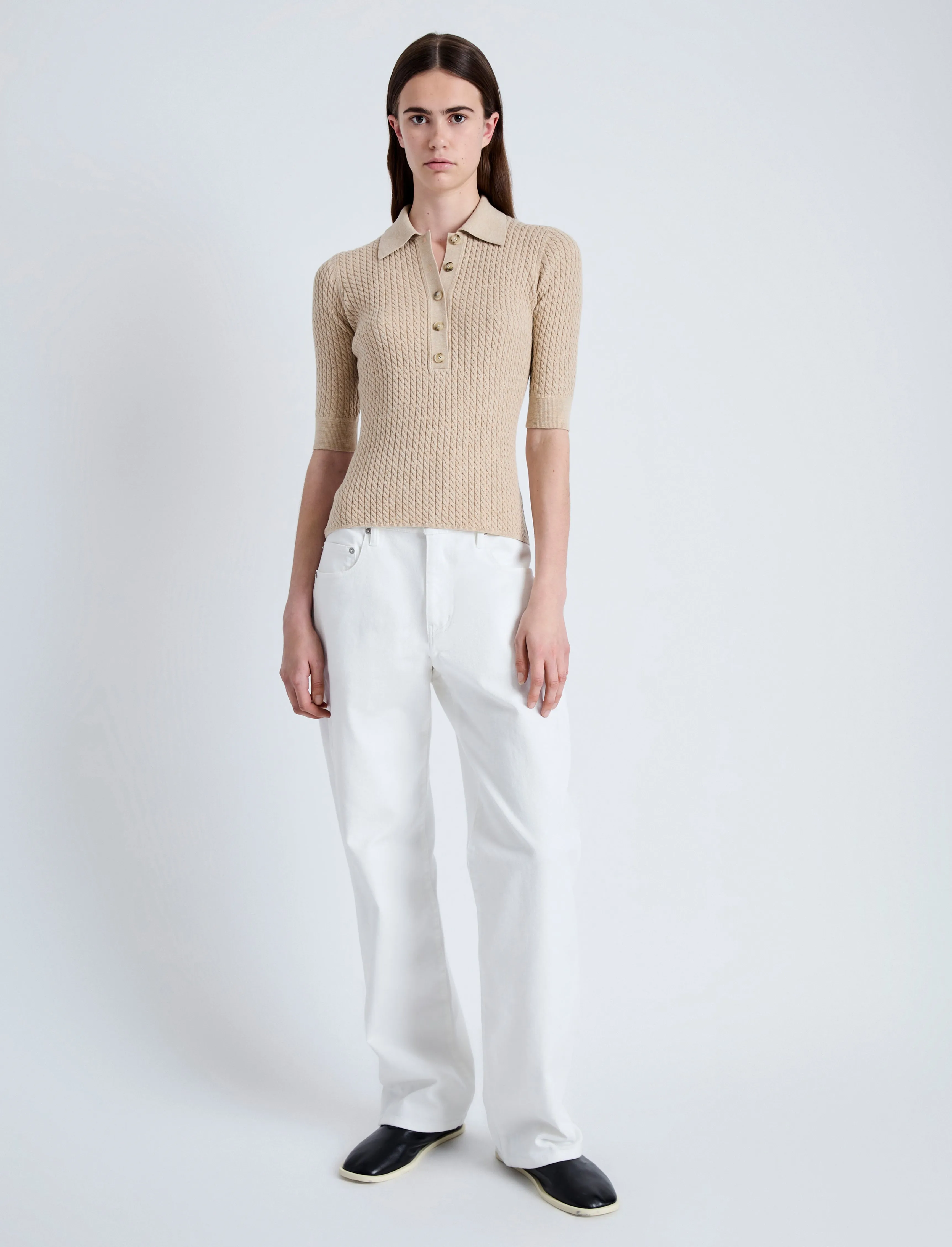 Proenza Schouler White Label Sera Knit Polo in Micro Cable - Cashew