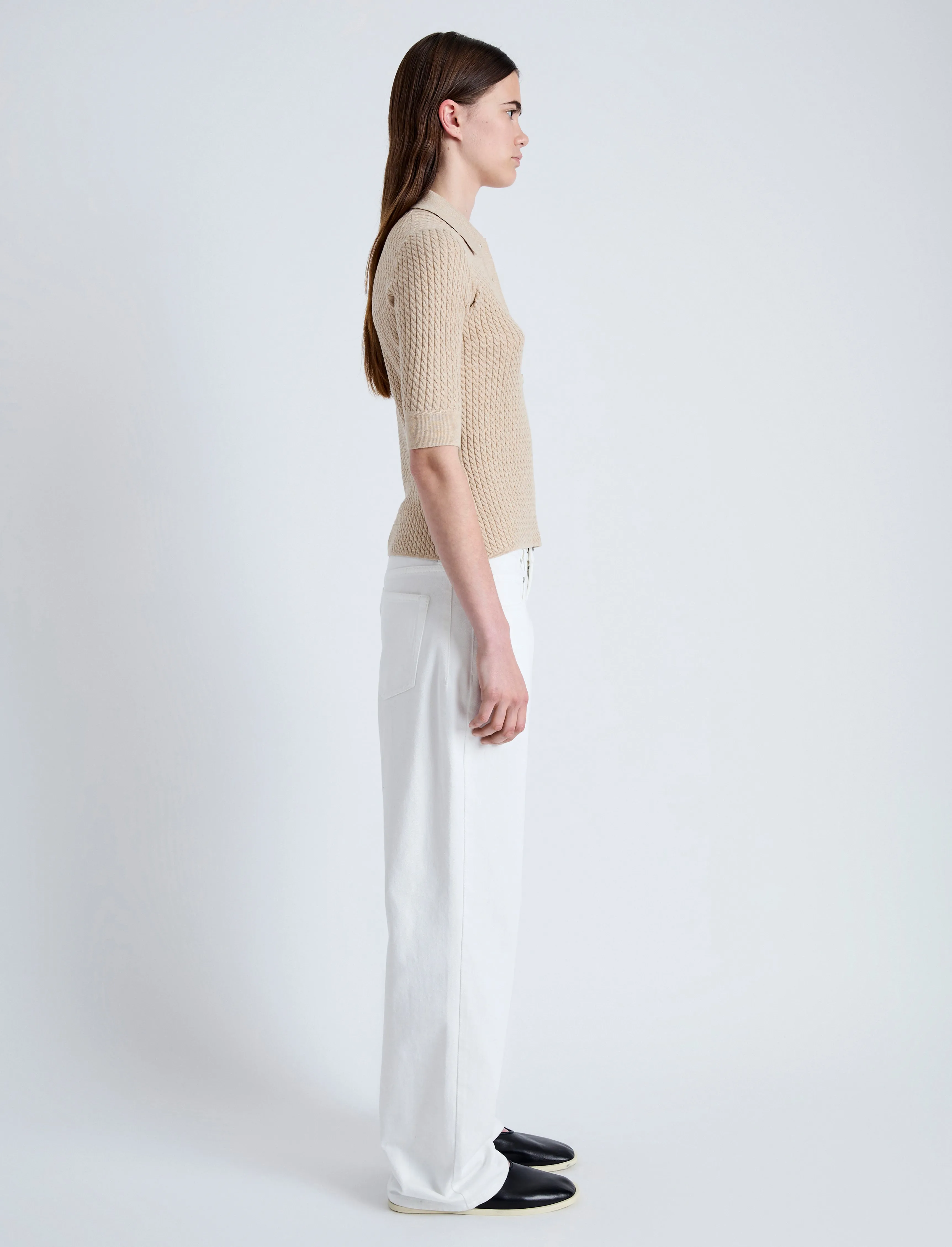 Proenza Schouler White Label Sera Knit Polo in Micro Cable - Cashew