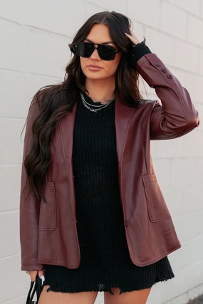 Professional Presence Faux Leather Blazer Jacket (Burgundy) Essential Shield Functional Gear