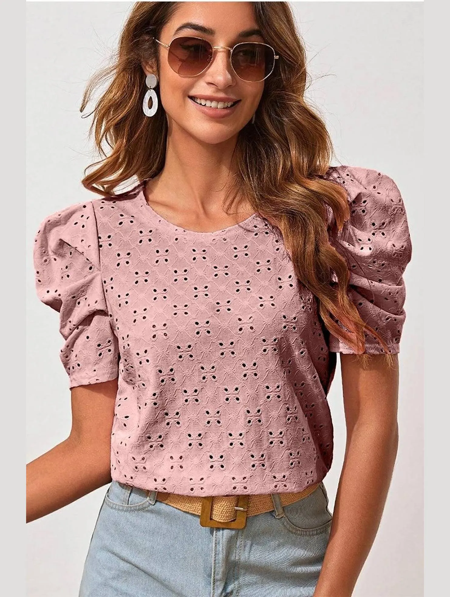 Antimicrobial Finish PUFF SHOULDER ROUND NECK SHORT CASUAL TOP