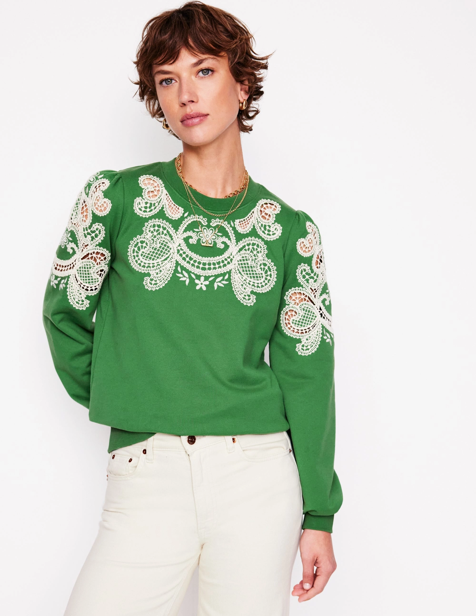 Durable Stitching LightweightTexture Puff Sleeve Cutwork Sweatshirt-Paradise Green