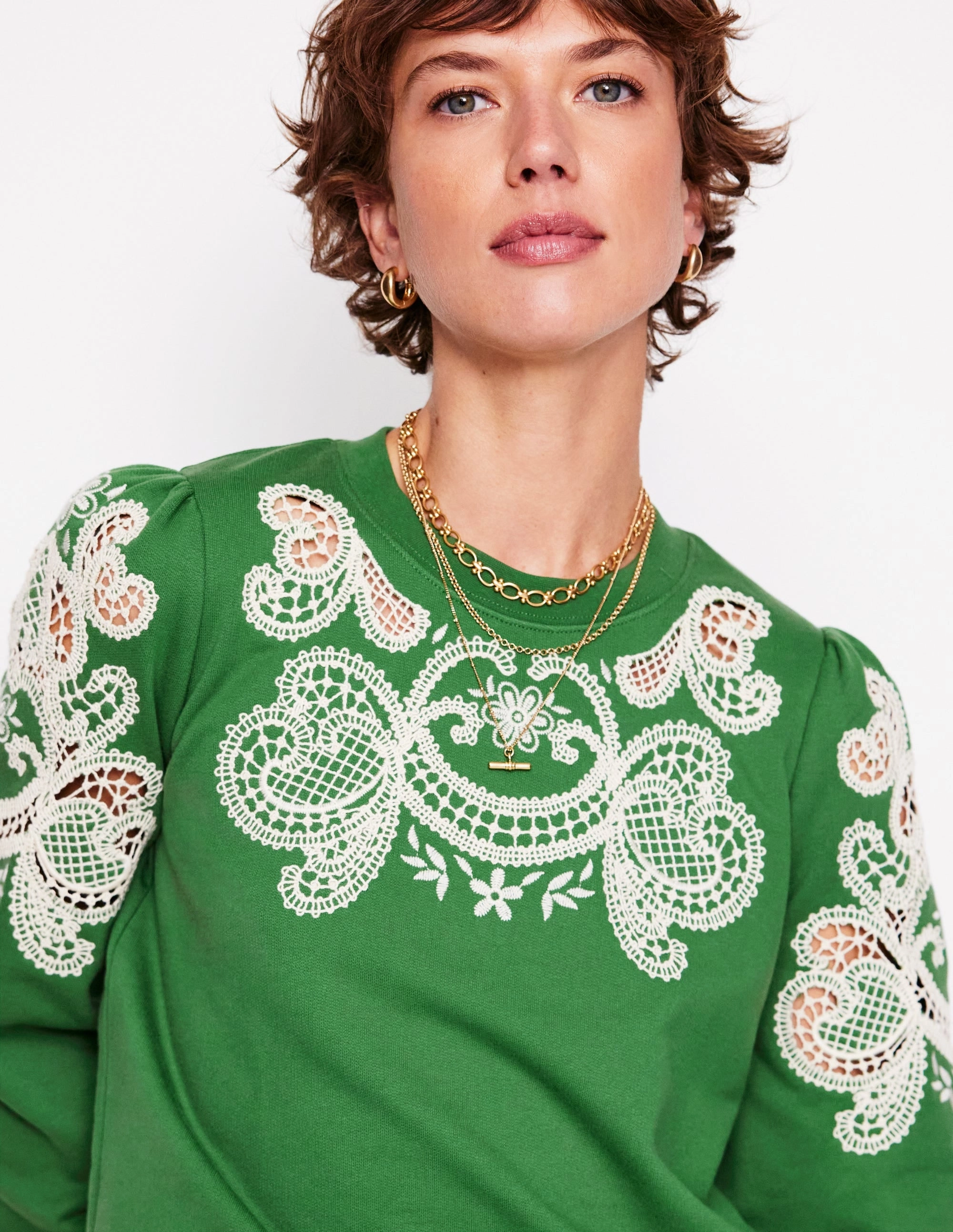 LayeringFriendly Weight Puff Sleeve Cutwork Sweatshirt-Paradise Green