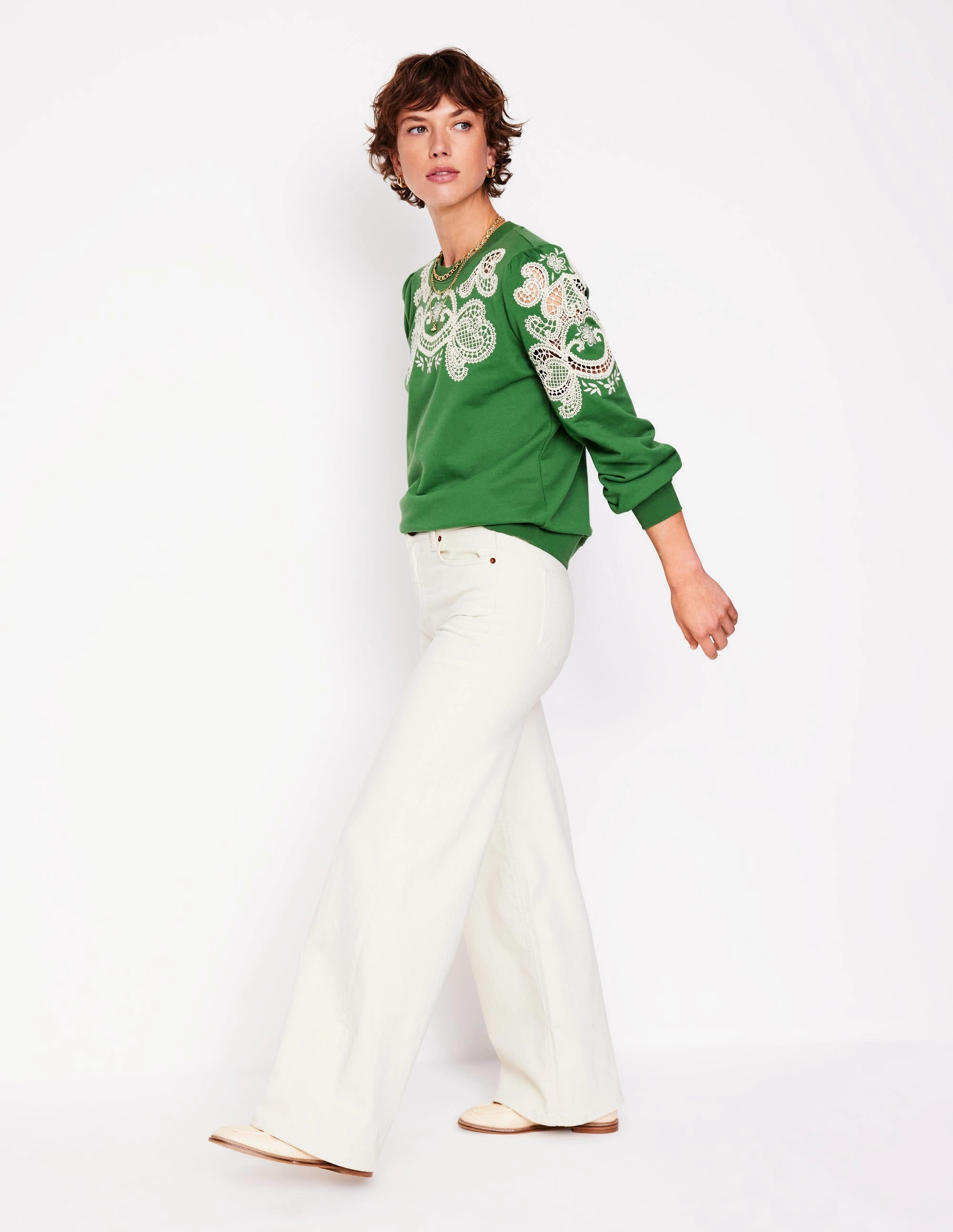 Moisture Management Fabric Lightweight Fabric Puff Sleeve Cutwork Sweatshirt-Paradise Green