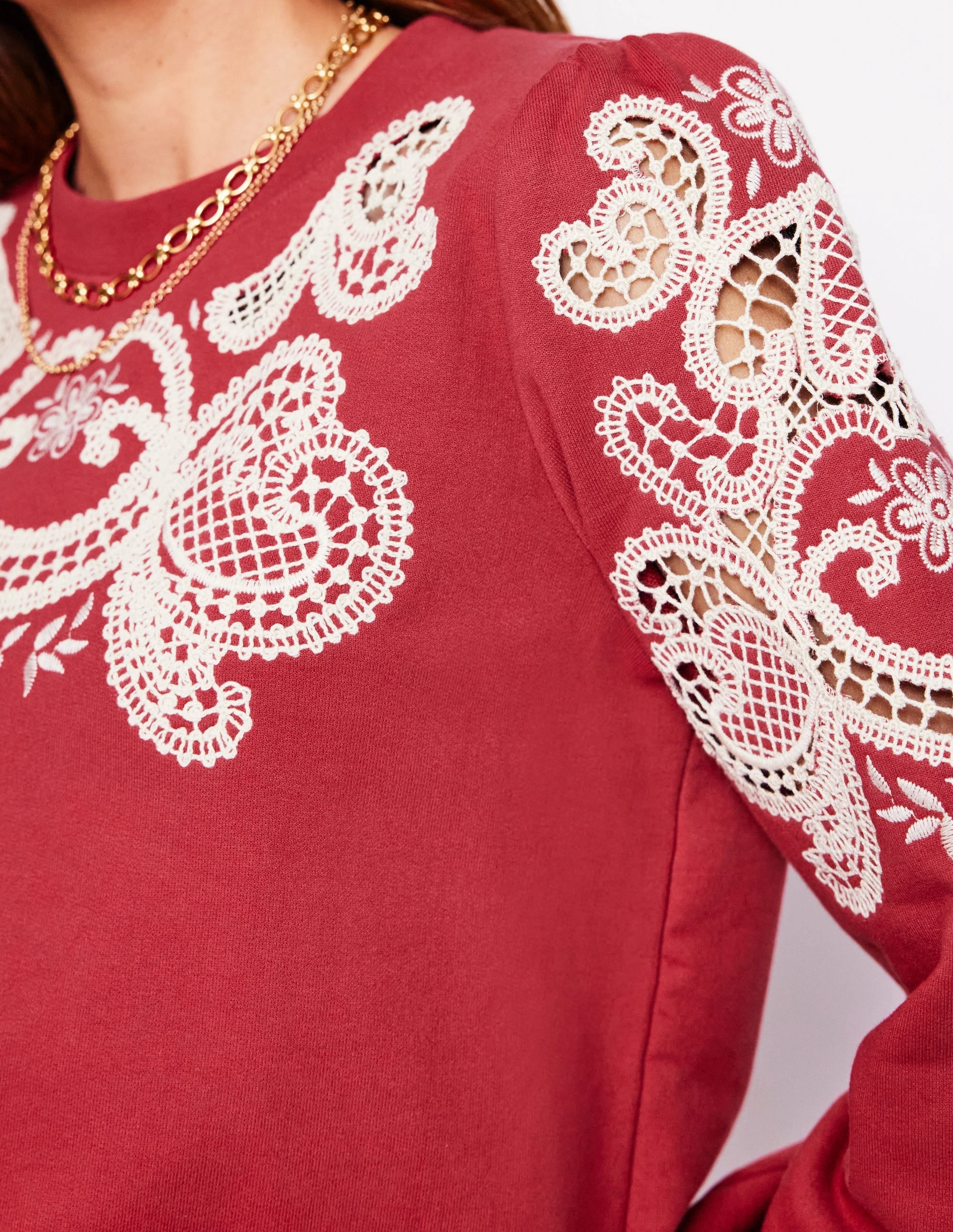 Puff Sleeve Cutwork Sweatshirt-Teracotta Ergonomic Shoulder Shape Button Down Collar