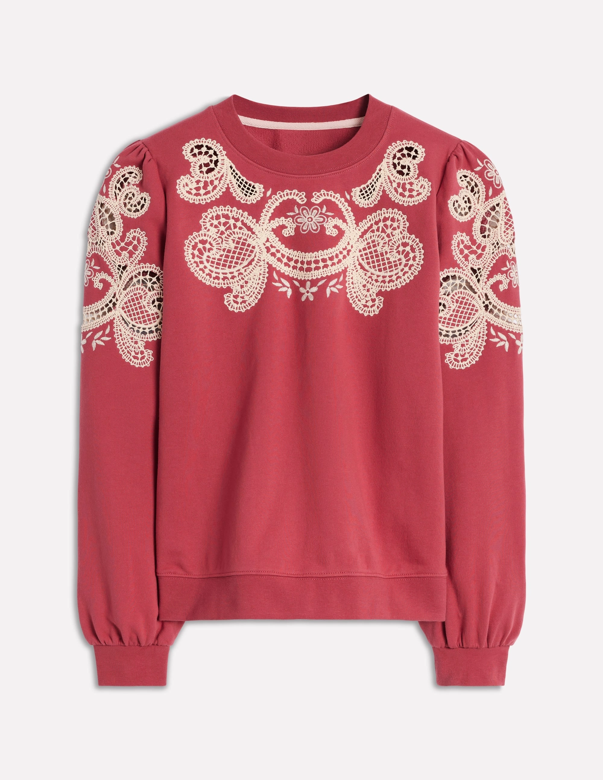 Puff Sleeve Cutwork Sweatshirt-Teracotta Tencel Blend Fabric Casual Long Sleeve