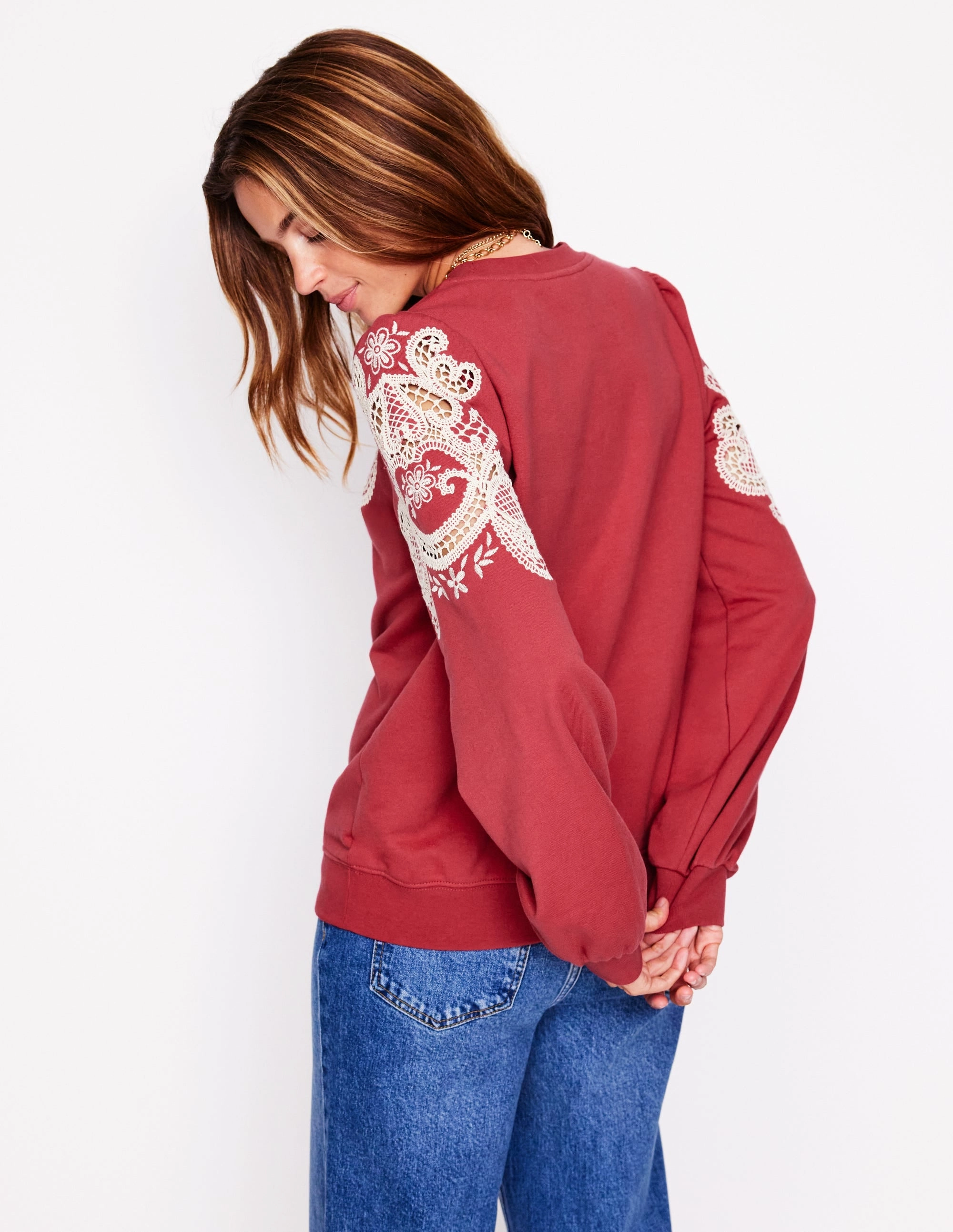Puff Sleeve Cutwork Sweatshirt-Teracotta Modular Layering System QuickDry Technology