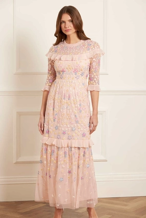 Flowerbed Embroidery Ankle Gown BreathableLining Soft Detail
