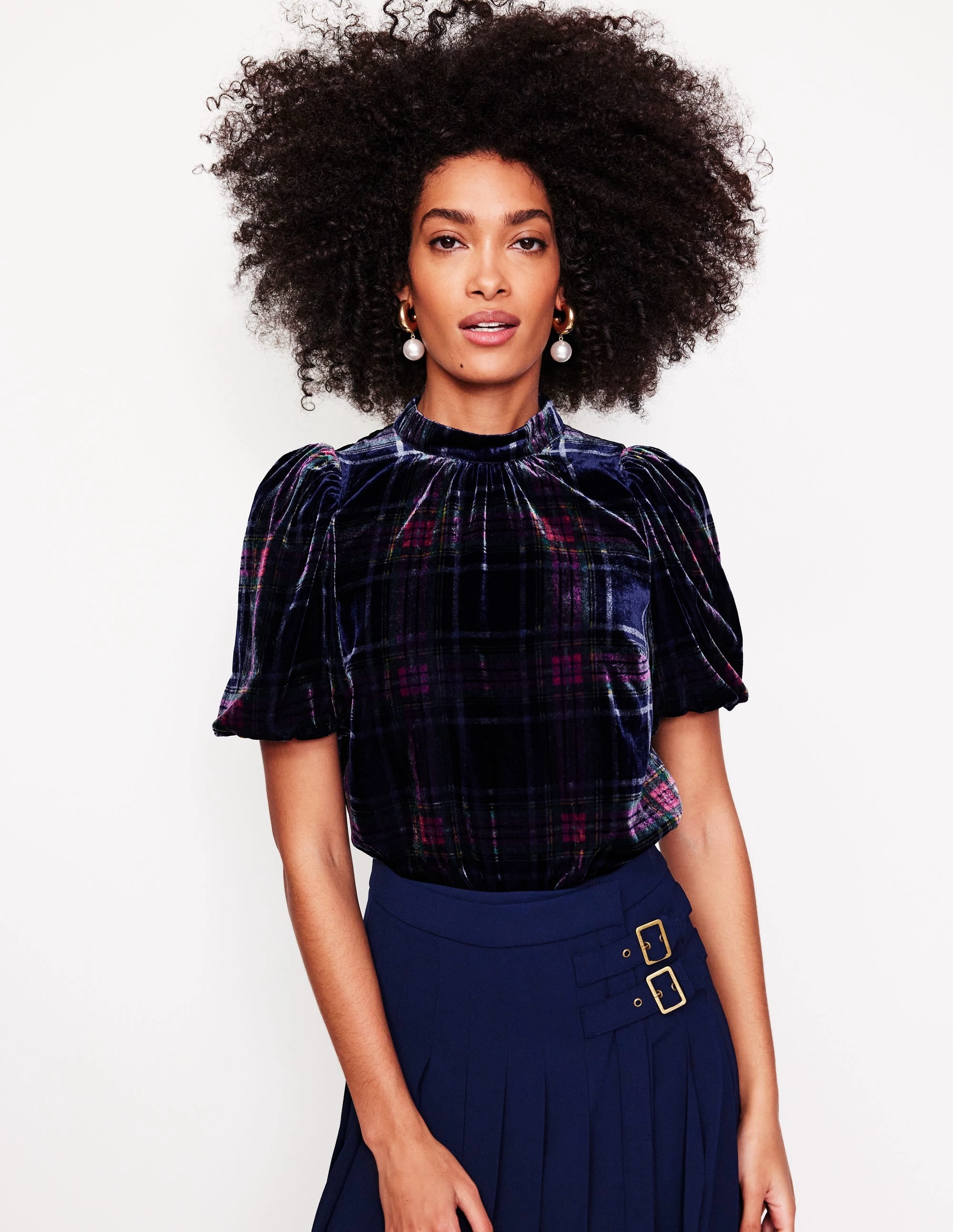 QuickDry Textile Puff Sleeve Velvet Top-Navy and Red Check