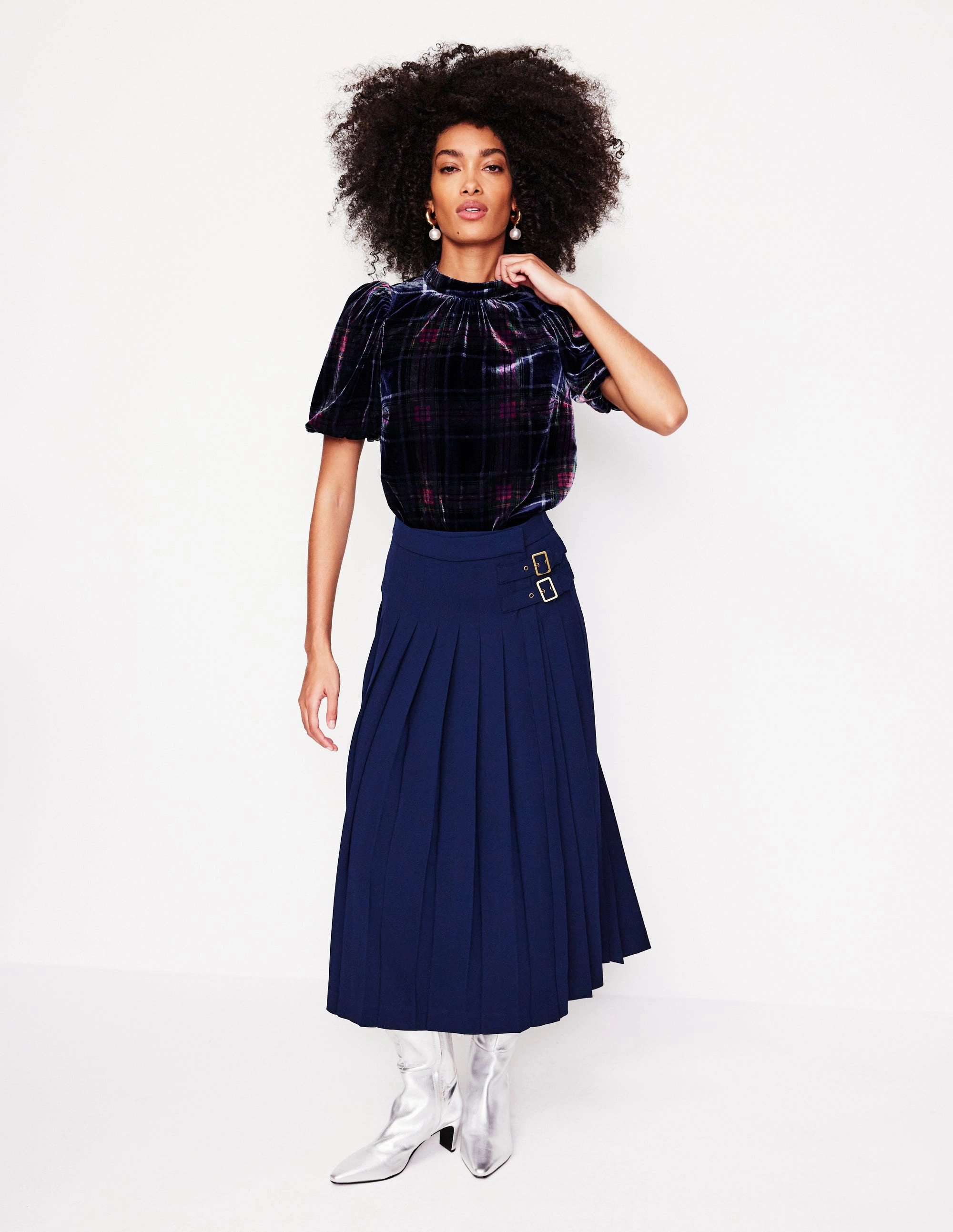 RecycledPolyesterBlend Puff Sleeve Velvet Top-Navy and Red Check