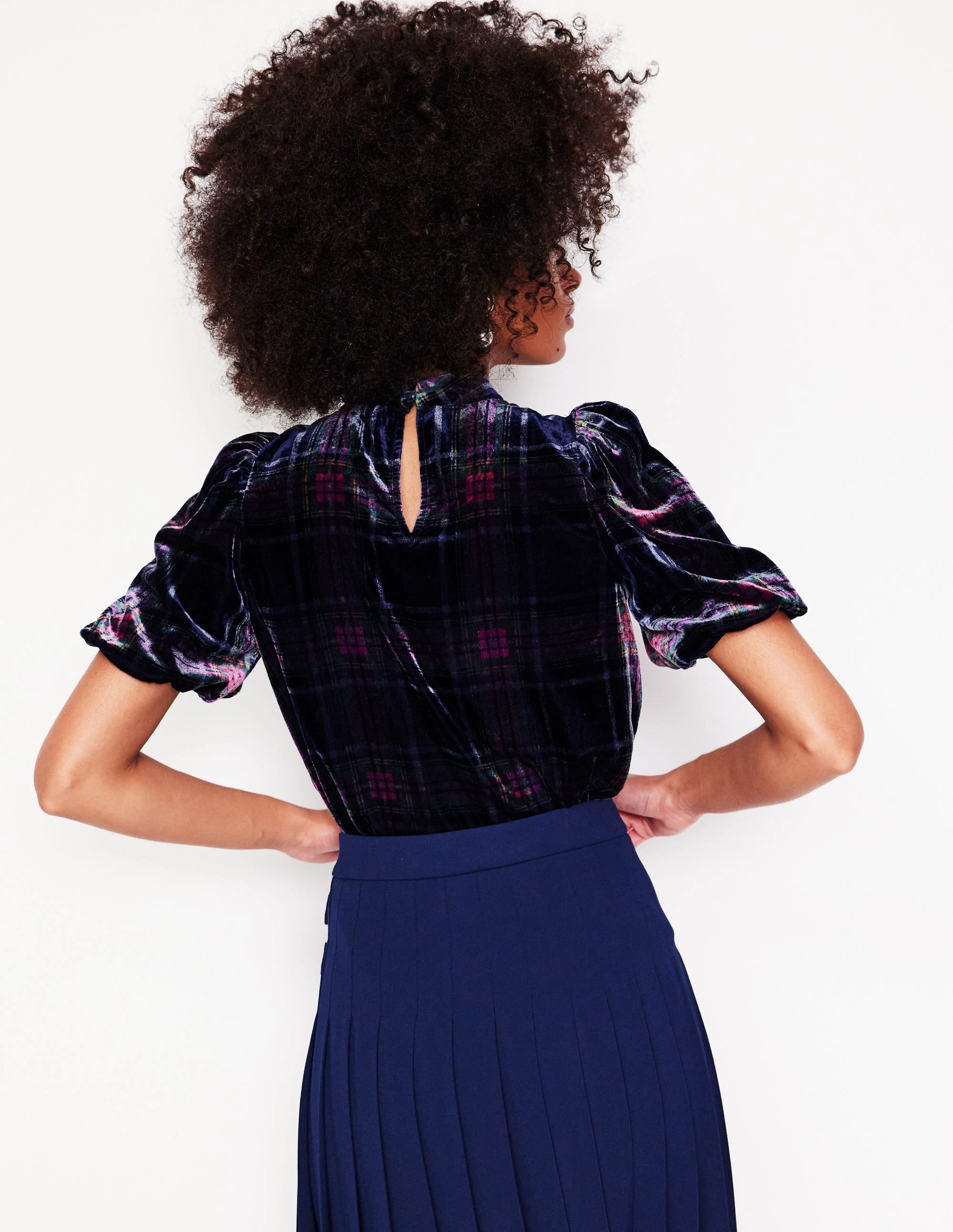 Puff Sleeve Velvet Top-Navy and Red Check Lightweight Design Anti Fade Technology
