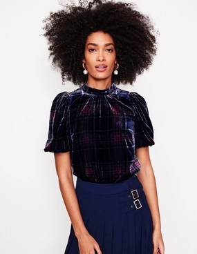 QuickDry Textile Puff Sleeve Velvet Top-Navy and Red Check