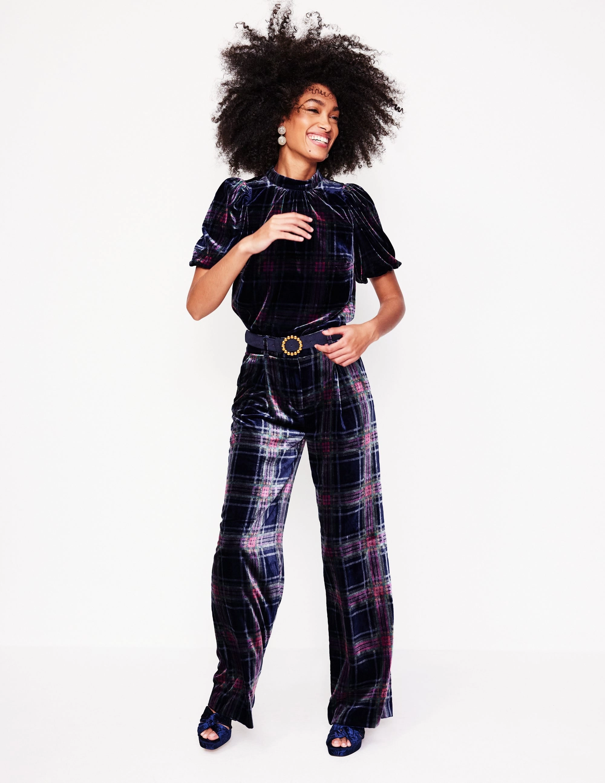 Puff Sleeve Velvet Top-Navy and Red Check Multi Way Adjustable Fit Soft Inner Lining