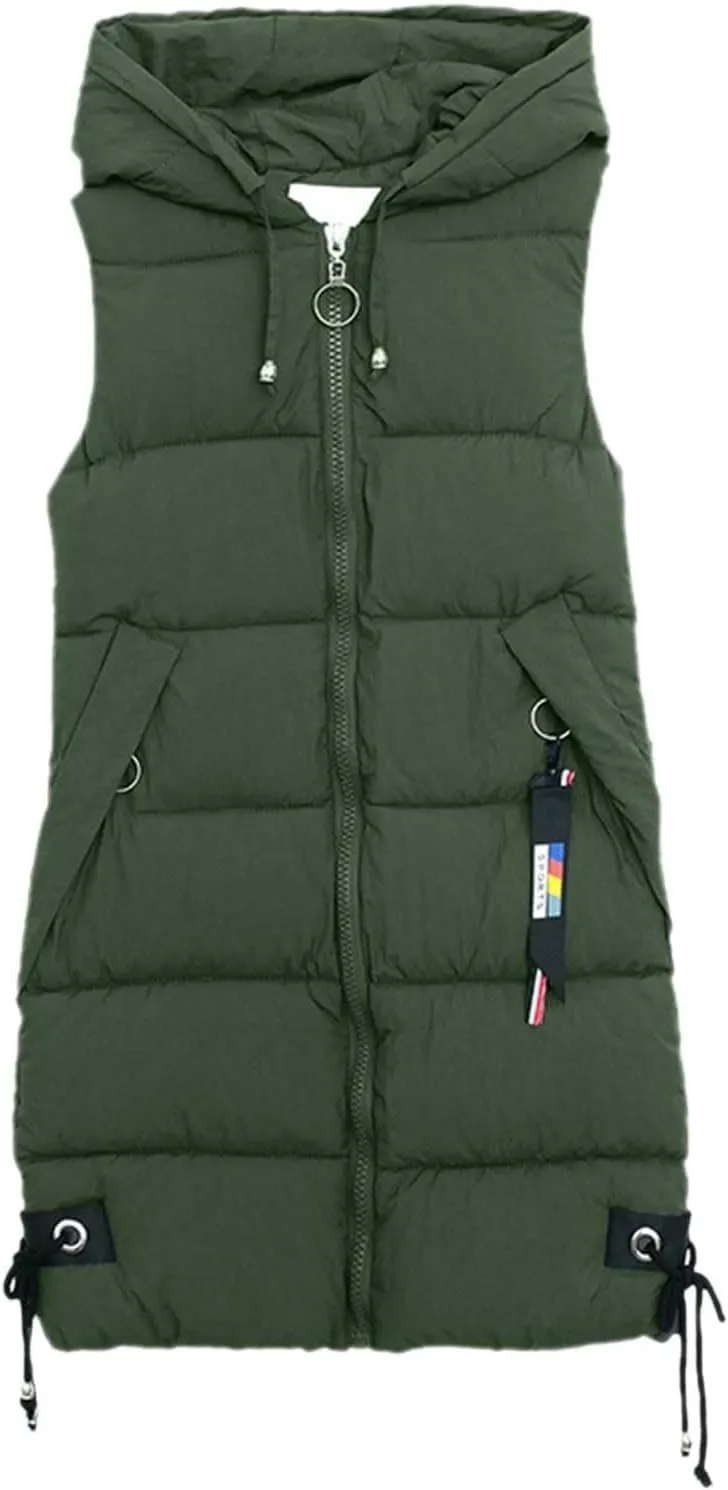 Puffer Vest for Women Long Hooded Sleeveless Vests Outerwear Down Jacket Quilted Full-Zip Winter Coat Outdoor