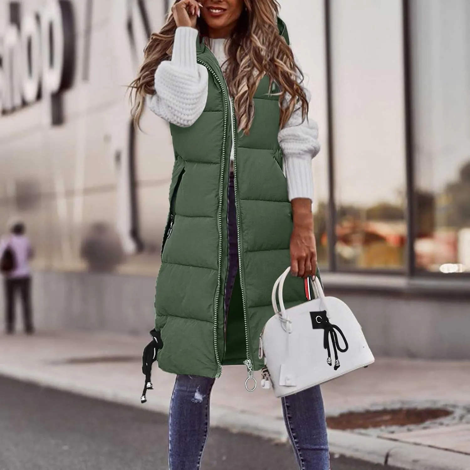 Puffer Vest for Women Long Hooded Sleeveless Vests Outerwear Down Jacket Quilted Full-Zip Winter Coat Outdoor