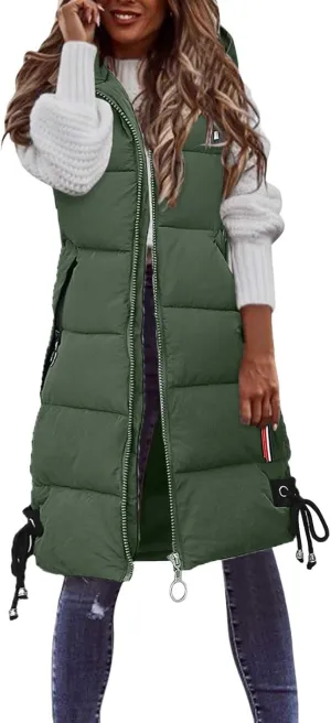 Puffer Vest for Women Long Hooded Sleeveless Vests Outerwear Down Jacket Quilted Full-Zip Winter Coat Outdoor