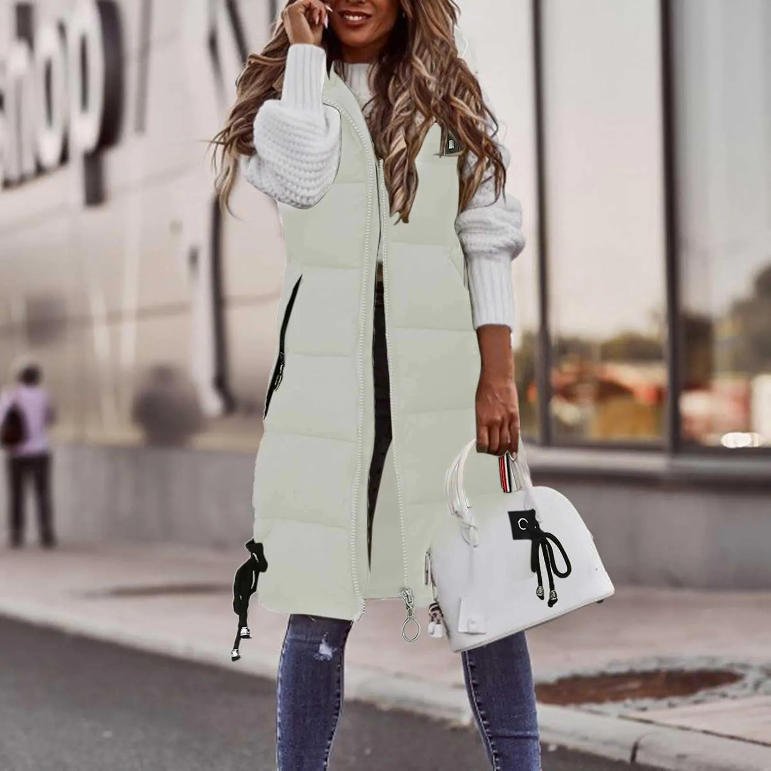 Puffer Vest for Women Long Hooded Sleeveless Vests Outerwear Down Jacket Quilted Full-Zip Winter Coat Outdoor