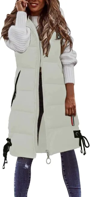 Puffer Vest for Women Long Hooded Sleeveless Vests Outerwear Down Jacket Quilted Full-Zip Winter Coat Outdoor