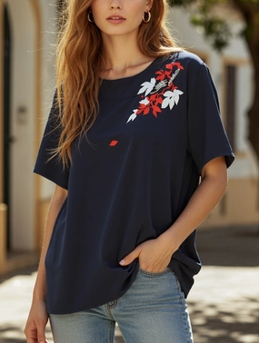 Tailored Silhouette LowProfileSeams Pullover Fresh Sweet Embroidered Blouse ??Lightweight Women's Top