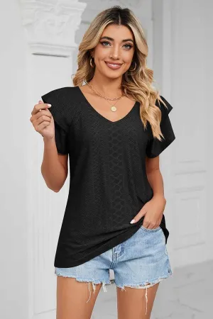 Comfortable Layer Cozy Knit PUNCHING LACE CAKE PUFF V NECK T-SHIRTS