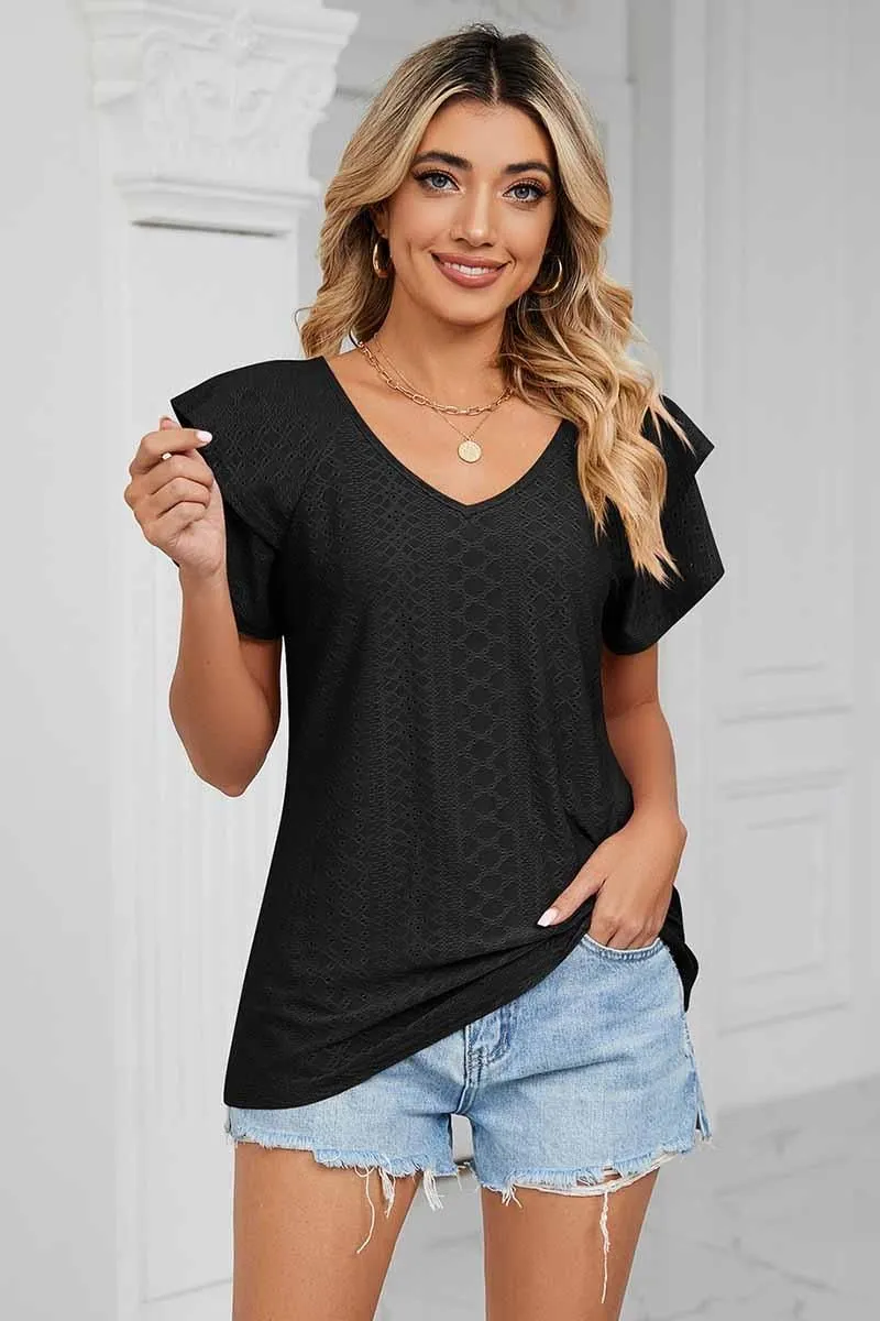 MeshVentilation PUNCHING LACE CAKE PUFF V NECK T-SHIRTS