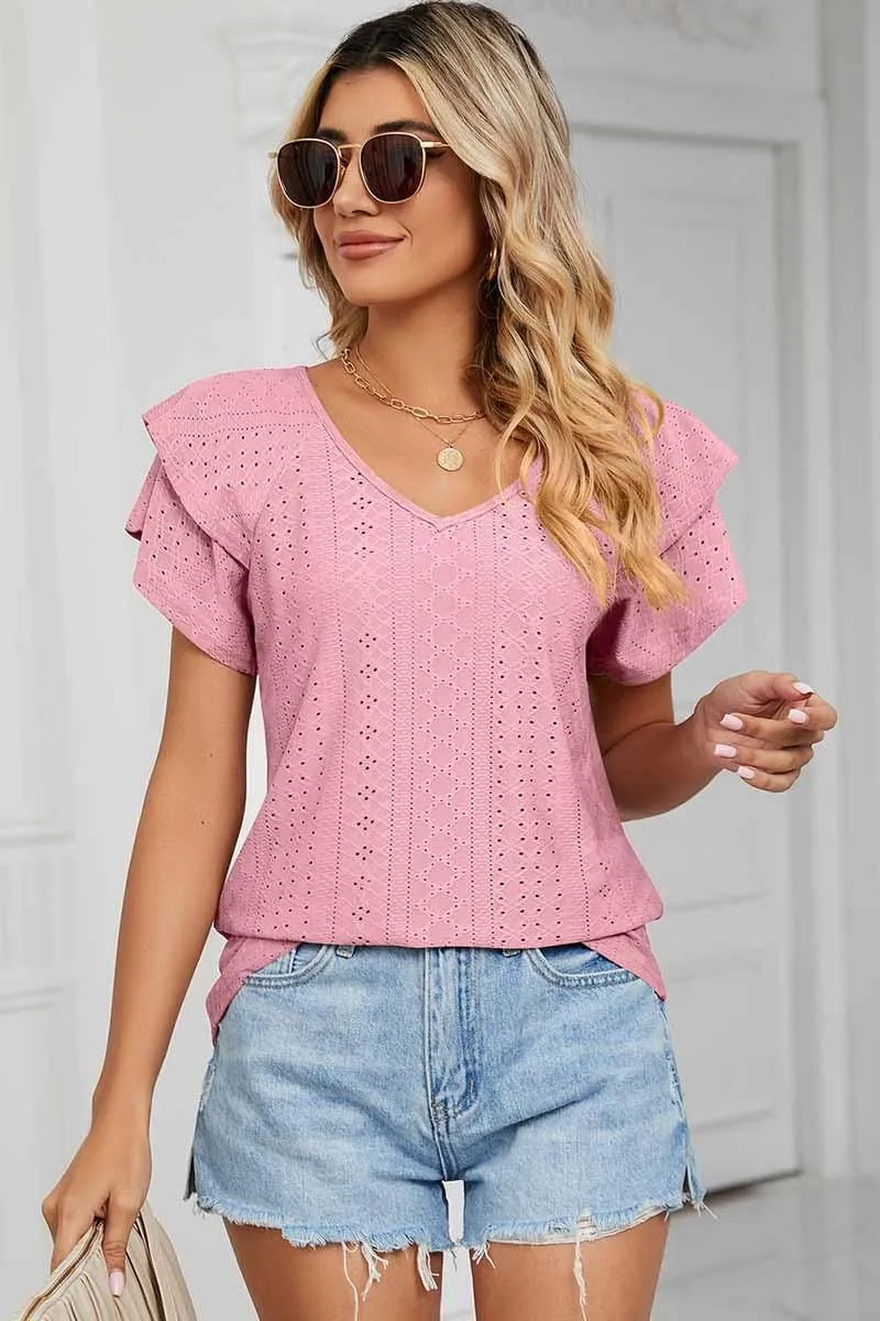 HighCollar Design PUNCHING LACE CAKE PUFF V NECK T-SHIRTS