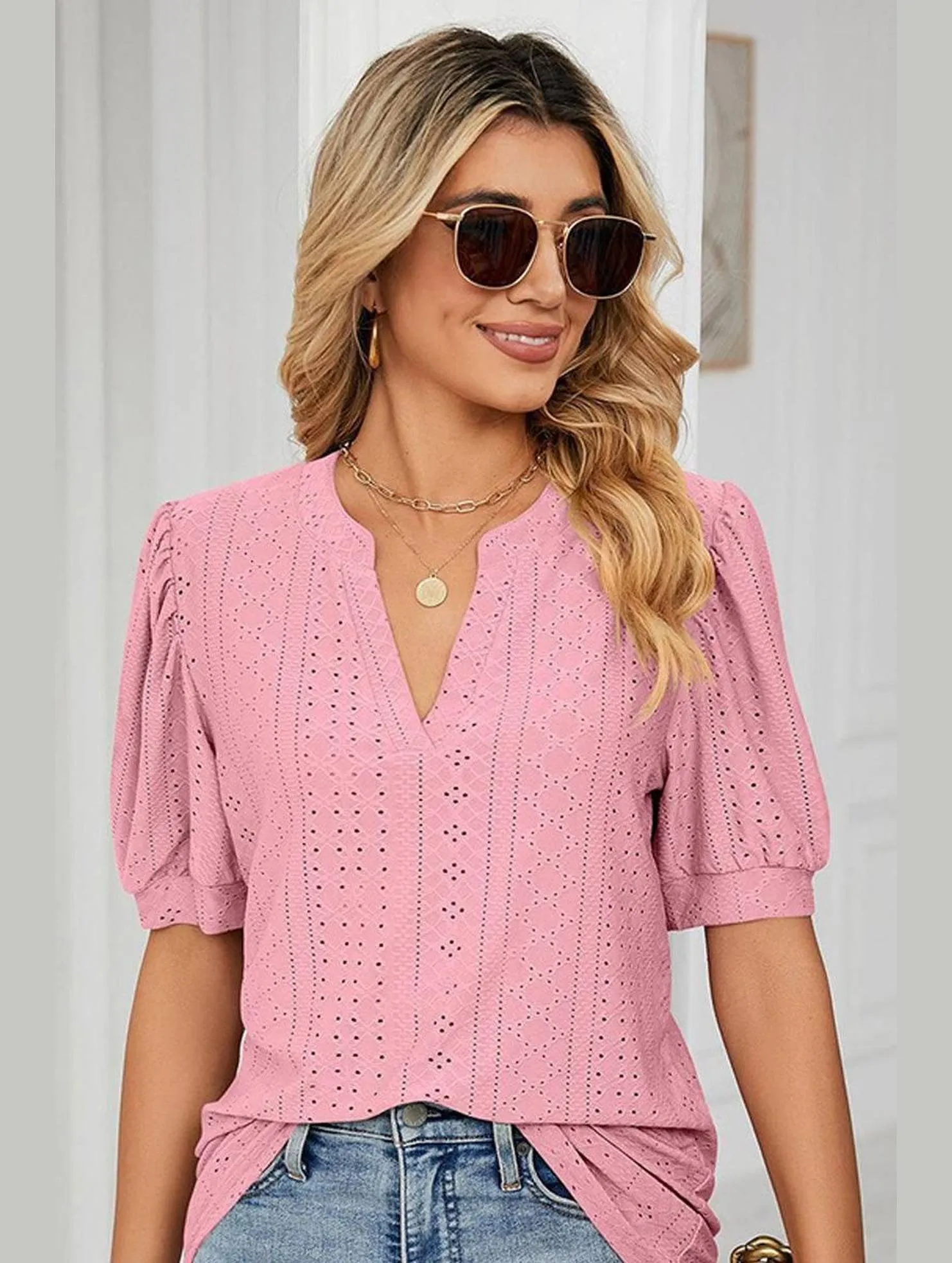 PUNCHING LACE V NECK PUFF SHORT SLEEVE BLOUSE RibbedCuff Reinforced Hemline