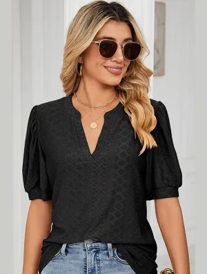 PUNCHING LACE V NECK PUFF SHORT SLEEVE BLOUSE Modern Polo