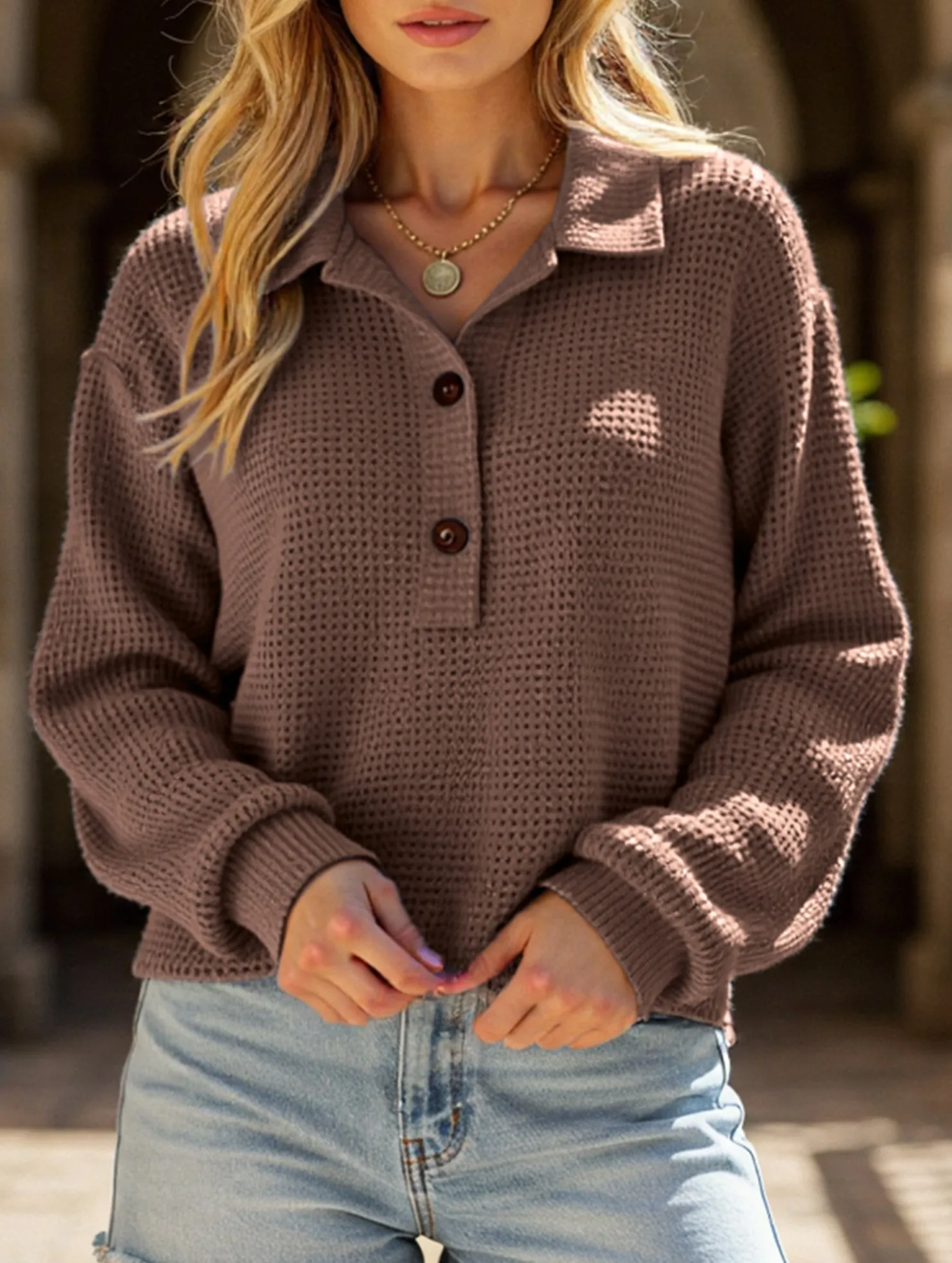 Pure color turn-over collar knitted sweater AllDaySoftness