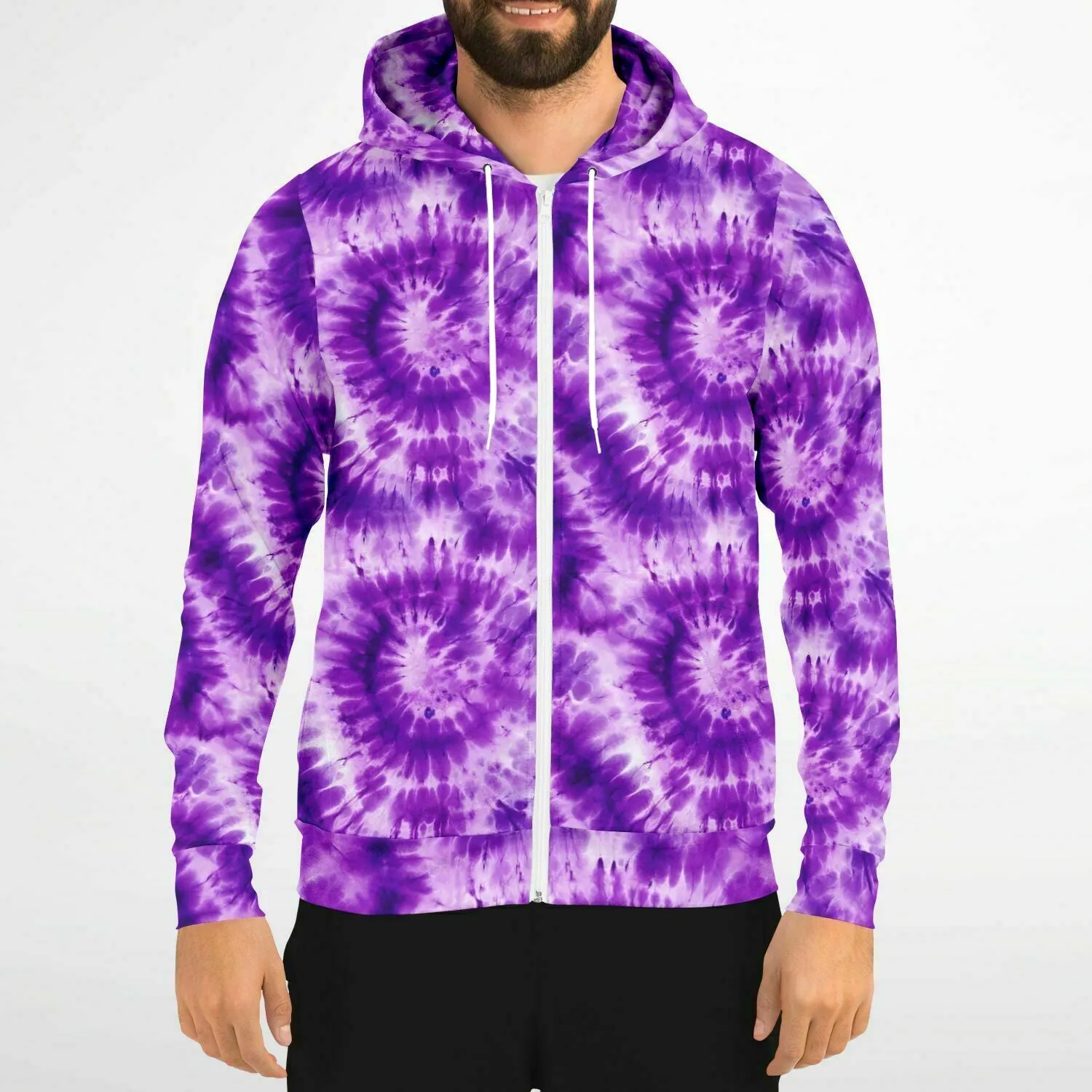 Purple Tie Dye Zip Up Hoodie, Front Zipper Pocket Men Women Unisex Adult Aesthetic Graphic Cotton Fleece Hooded Sweatshirt