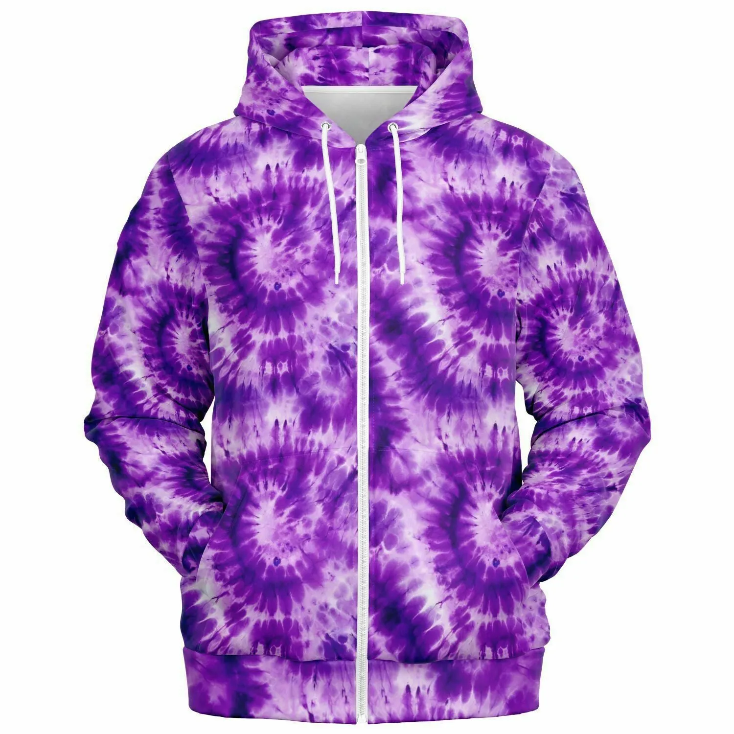 Purple Tie Dye Zip Up Hoodie, Front Zipper Pocket Men Women Unisex Adult Aesthetic Graphic Cotton Fleece Hooded Sweatshirt