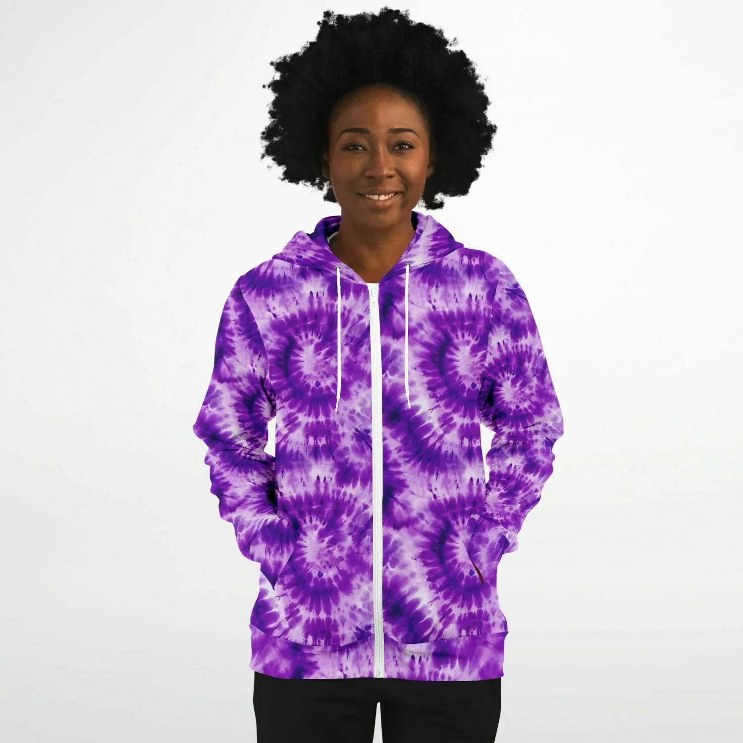 Purple Tie Dye Zip Up Hoodie, Front Zipper Pocket Men Women Unisex Adult Aesthetic Graphic Cotton Fleece Hooded Sweatshirt