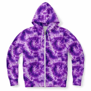 Purple Tie Dye Zip Up Hoodie, Front Zipper Pocket Men Women Unisex Adult Aesthetic Graphic Cotton Fleece Hooded Sweatshirt