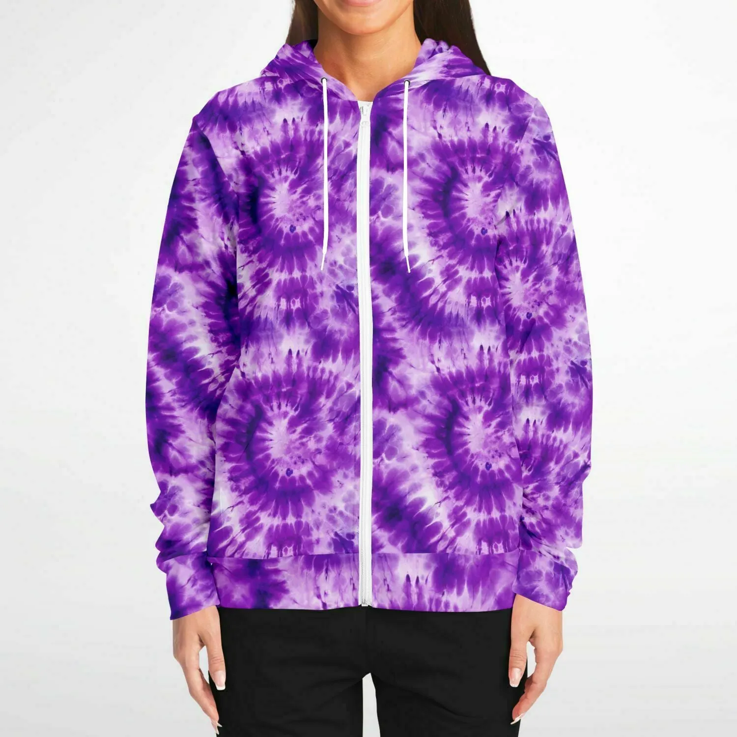 Purple Tie Dye Zip Up Hoodie, Front Zipper Pocket Men Women Unisex Adult Aesthetic Graphic Cotton Fleece Hooded Sweatshirt