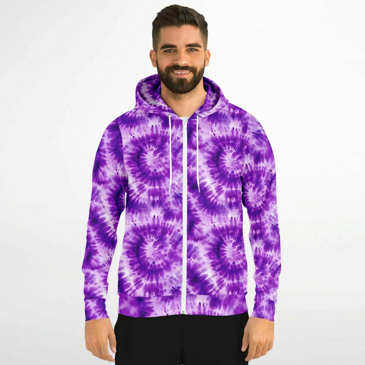Purple Tie Dye Zip Up Hoodie, Front Zipper Pocket Men Women Unisex Adult Aesthetic Graphic Cotton Fleece Hooded Sweatshirt