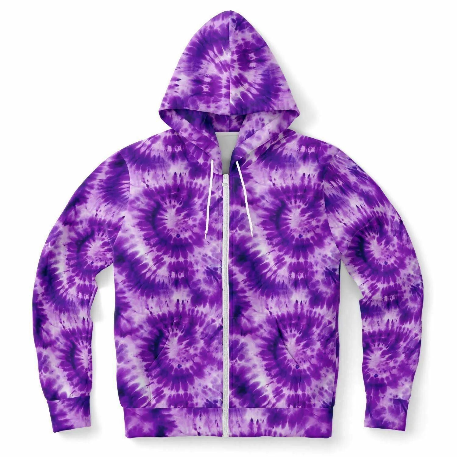Purple Tie Dye Zip Up Hoodie, Front Zipper Pocket Men Women Unisex Adult Aesthetic Graphic Cotton Fleece Hooded Sweatshirt