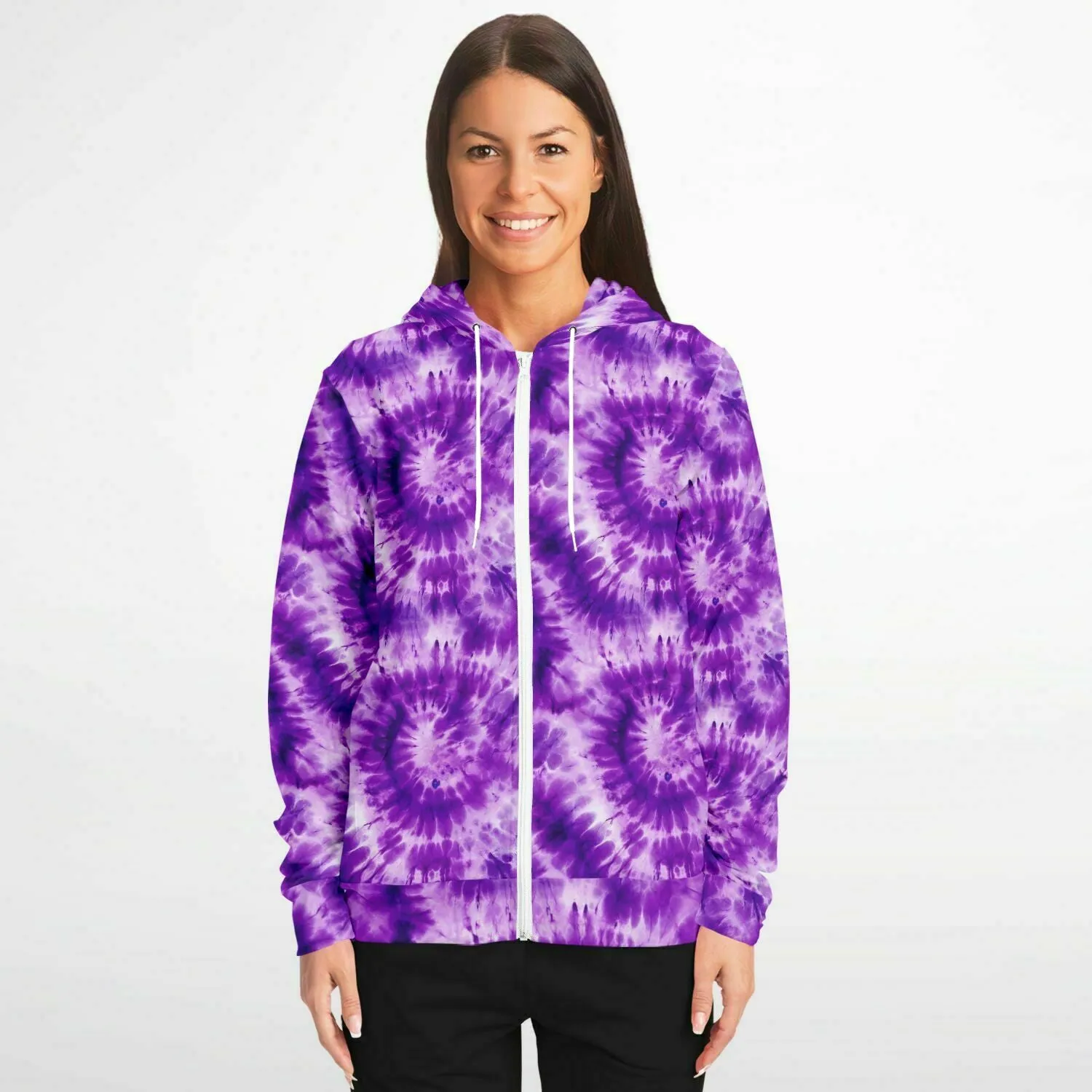 Purple Tie Dye Zip Up Hoodie, Front Zipper Pocket Men Women Unisex Adult Aesthetic Graphic Cotton Fleece Hooded Sweatshirt