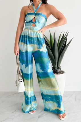Sunshine & Seaside Halter Wide Leg Jumpsuit (Blue) Flexible Comfort