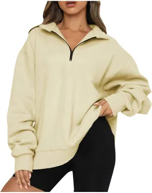 Quarter Zip Sweatshirt Women Oversized Zip Up Hoodie 1/4 Zip Fleece Pullover Long Sleeve Sweater Preppy Sweatshirts