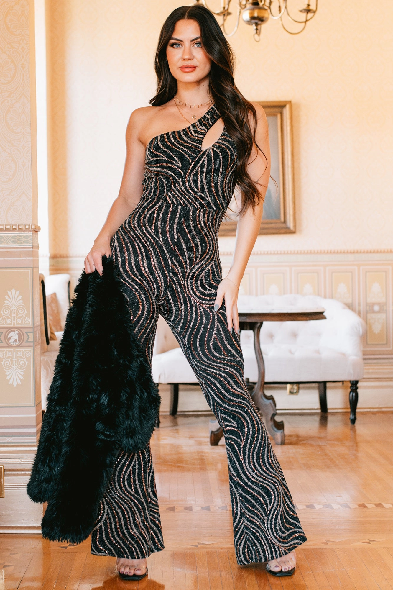 Queen Of Compliments Metallic Glitter Jumpsuit (Black/Gold) Youth Charm Flow Line